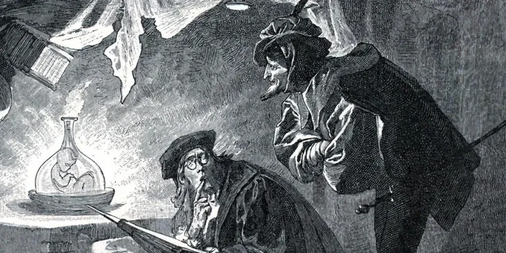 Engraving of Faust seated at a table with a glowing flask, watched by Mephistopheles